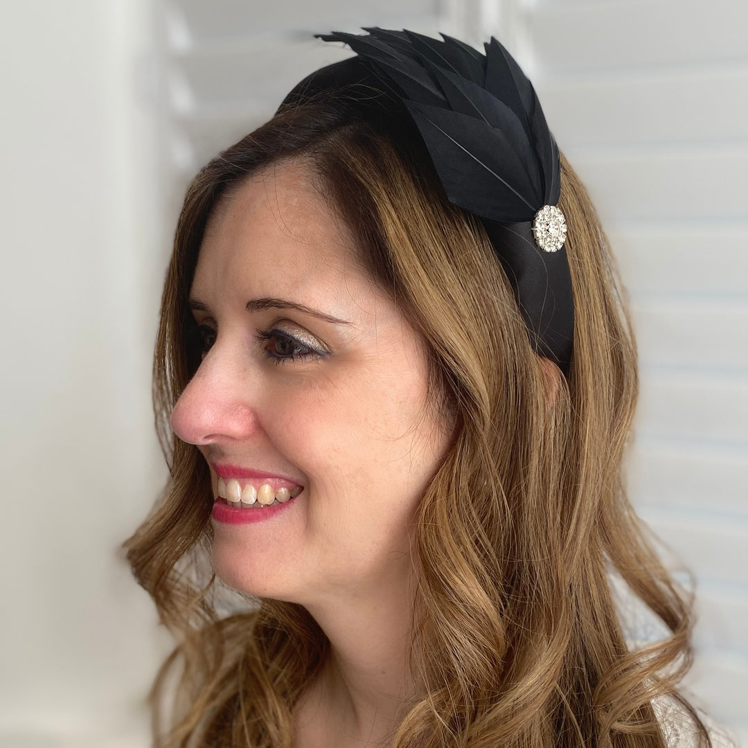 Black feather fascinator headband, layered feather detailing, satin band, elegant decorative headpiece