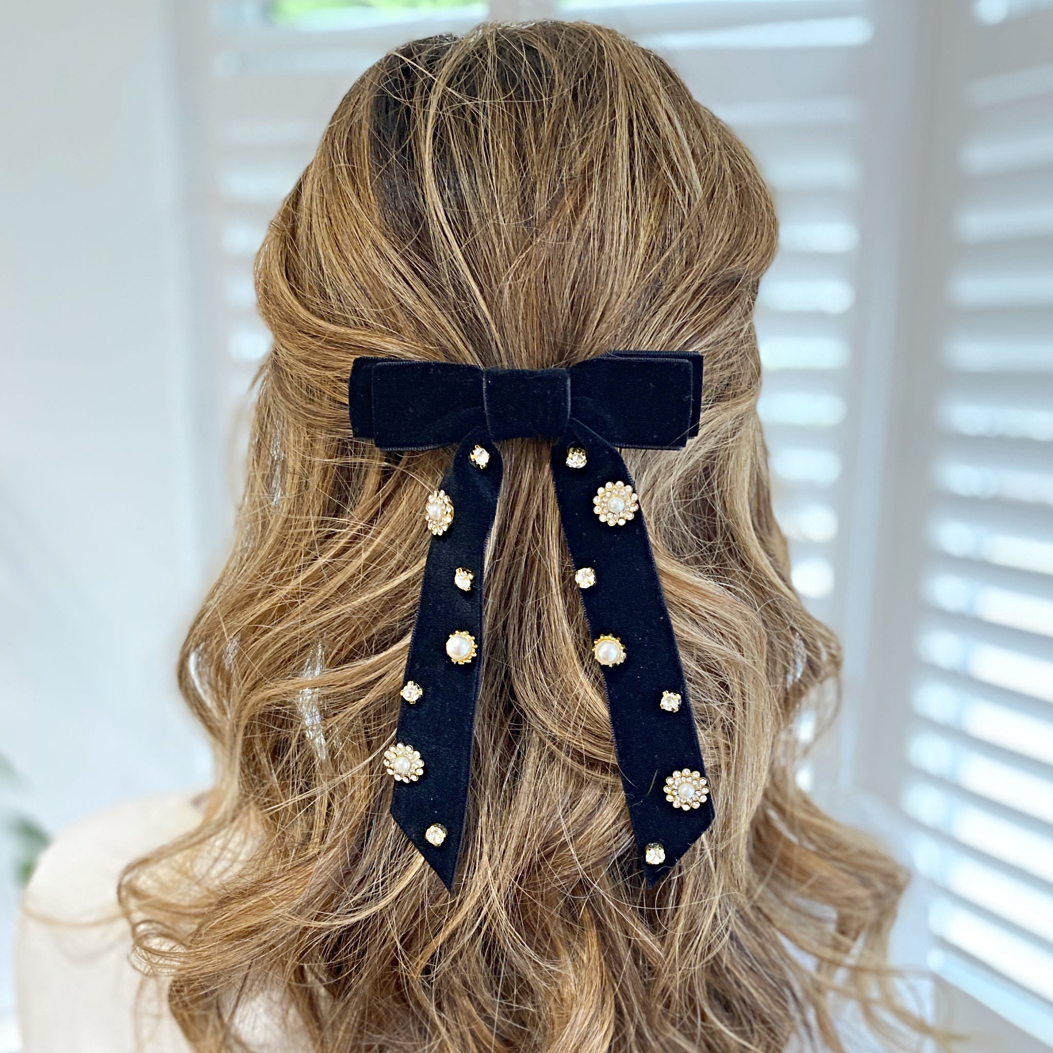 Black Velvet Bow Hair Clip with Jewels | Black Hair Clip  display picture 3