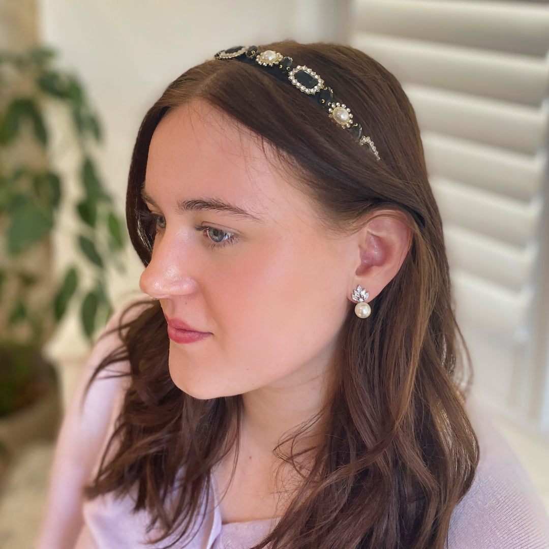 Black Gem Headband With Pearls Wedding Guest