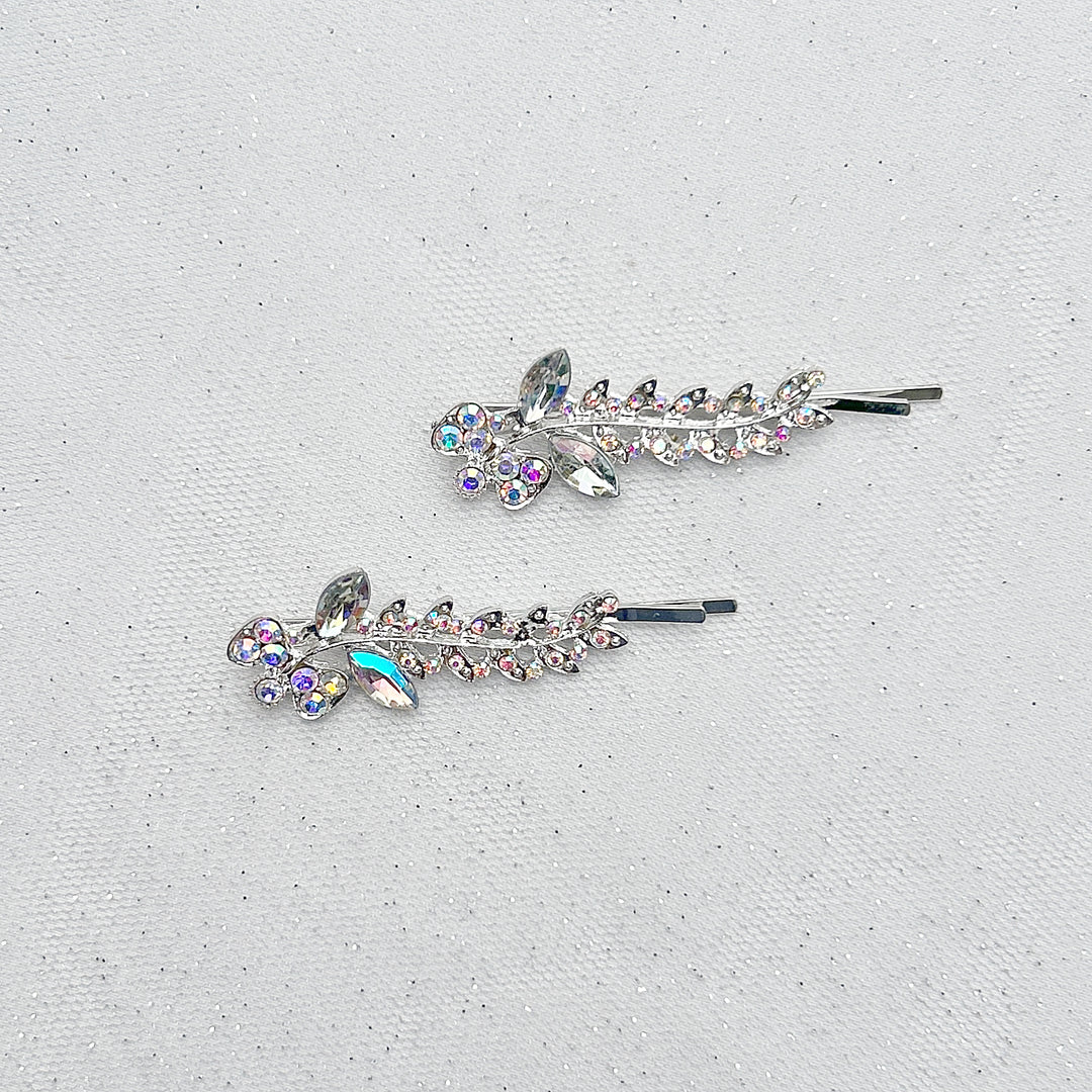 Diamante hair slides silver hair clips sparkly hair slides floral set of 2