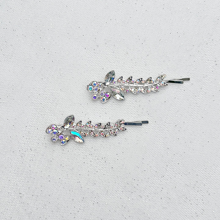 Diamante hair slides silver hair clips sparkly hair slides floral set of 2