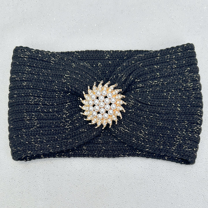 Ear Warmer Headband Winter Headband Gold Brooch Black
