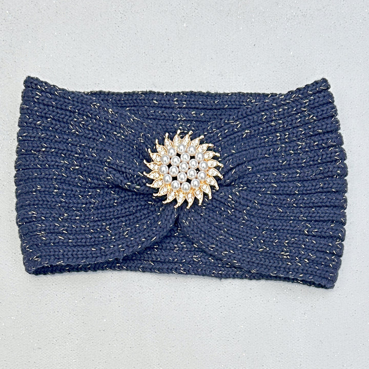 Ear Warmer Headband Winter Headband Gold Brooch Navy