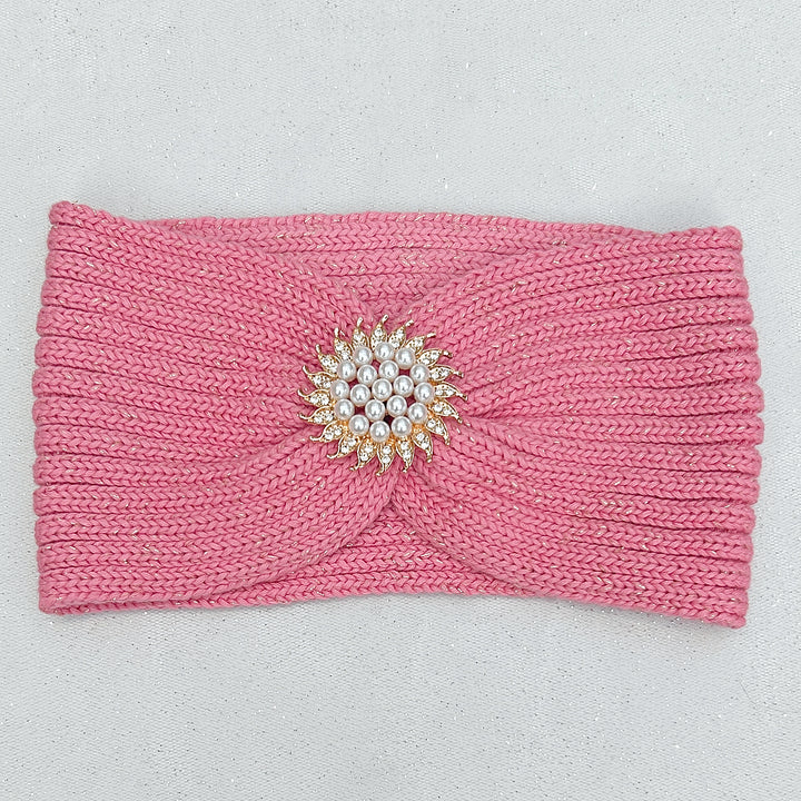 Ear Warmer Headband Winter Headband Gold Brooch Pink