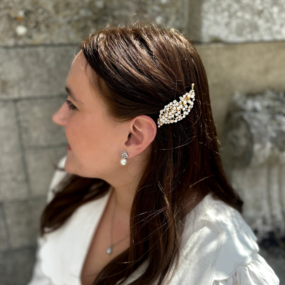 Gold Pearl Hair Clip Small, Elegant Hair Accessory With Pearls And Crystals, Dainty Gold Bridal Hair Clip, Vintage Inspired Pearl Hair Slide, Sparkly Gold Hair Decoration