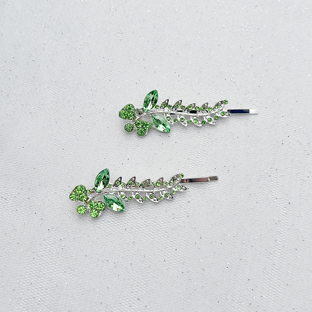 Green hair slides green hair clips sparkly hair grips floral set of 2