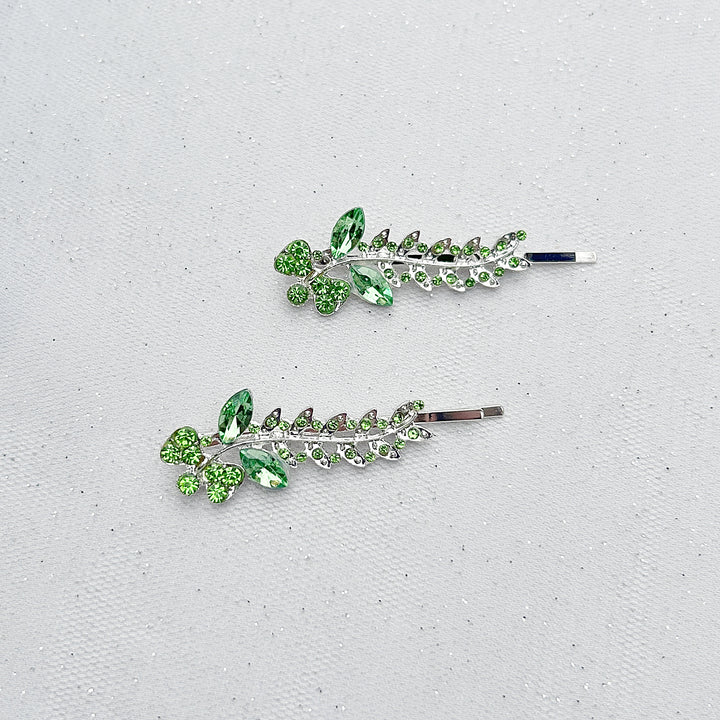 Green hair slides green hair clips sparkly hair grips floral set of 2