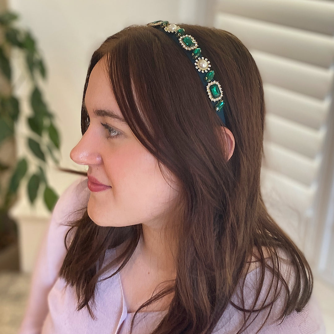 Green Headband With Pearls And Gems Wedding Guest