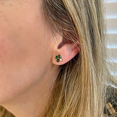 Green Stud Earrings Gold Earrrings with Crystal Diamante