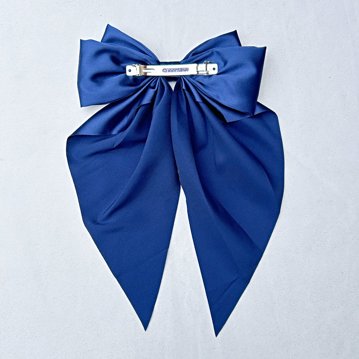 Navy Satin Hair Bow Navy Hair Clip Long Bow Barrette