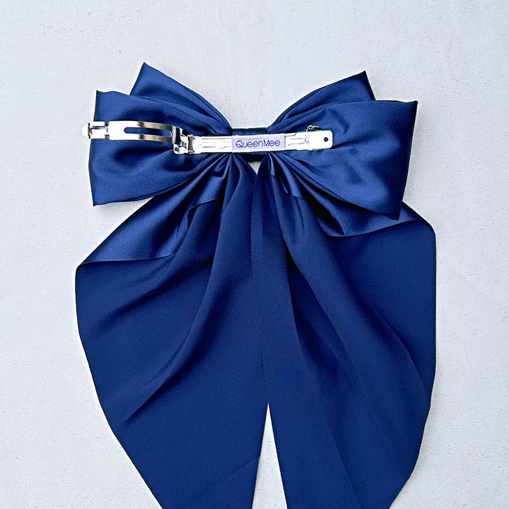 Navy Satin Hair Bow Navy Hair Clip Long