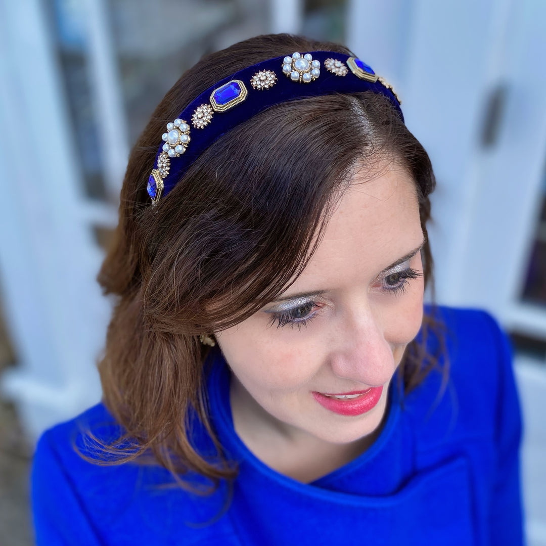 Navy Blue Headband Velvet Hair Band Blue Pearl Headband wedding guest