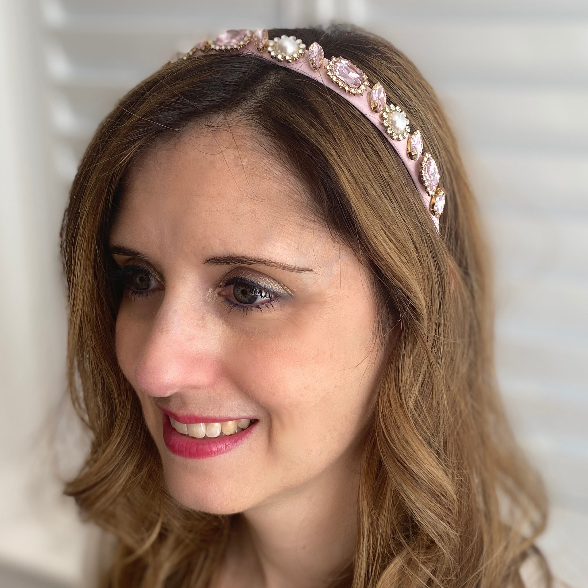 Pink Jewelled Headband Slim Hair Band Vintage Pink Headband - Main Image