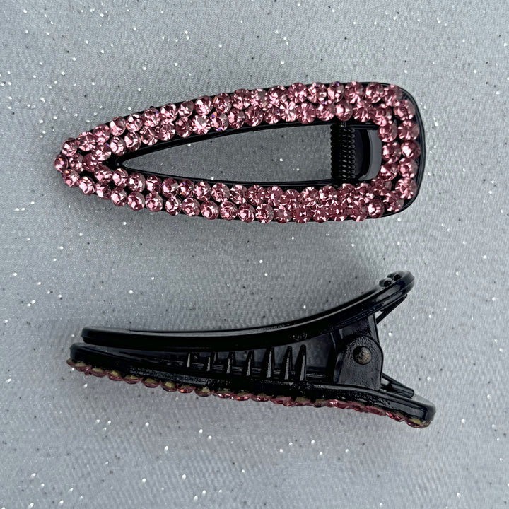 pink sparkly crystal hair clips, pink hair clips, elegant crystal embellished hair accessories, vintage inspired pink hairpieces, decorative hair slides, statement hair clips for women, feminine pink hair accessories, festive hair clips