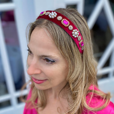 Pink Velvet Headband with Pearls Wedding Guest Hair Band Hair Down
