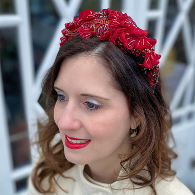 Red headpiece wedding races headpiece red padded headband hair down