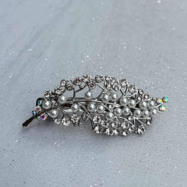 silver pearl hair clip diamante in wedding guest hair, Wedding Pearl Hair Clip, Silver pearl Hair Clip, Silver Diamante Hair Clip, Pearl Bridal Hair Clip, Diamante Bridal Hair Clip, Silver Pearl Hair Clip