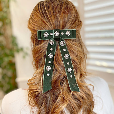 Velvet Bow Hair Clip in Green with Jewels Hair Down