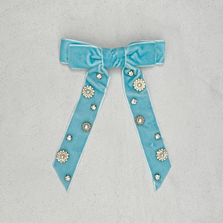 Velvet Bow Hair Clip in Light Blue with Jewels