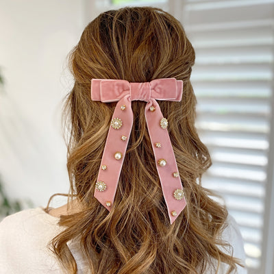 Velvet Bow Hair Clip in Pink with Jewels Hair Down