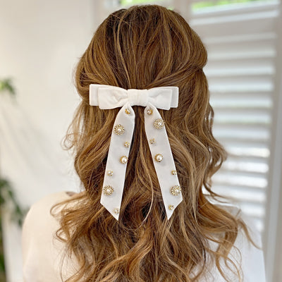 Velvet Bow Hair Clip in White with Jewels Hair Down