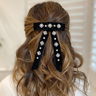 Velvet Bow Hair Clip in Black with Jewels