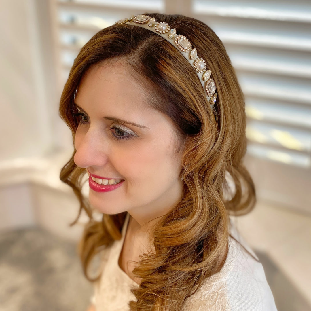 White jewelled headband, slim design, crystal embellishments, vintage inspired style, elegant decorative hair accessory for wedding guests
