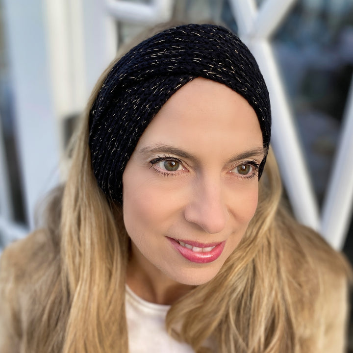 Winter Headband Black and Gold with Brooch in Organic Cotton Lurex