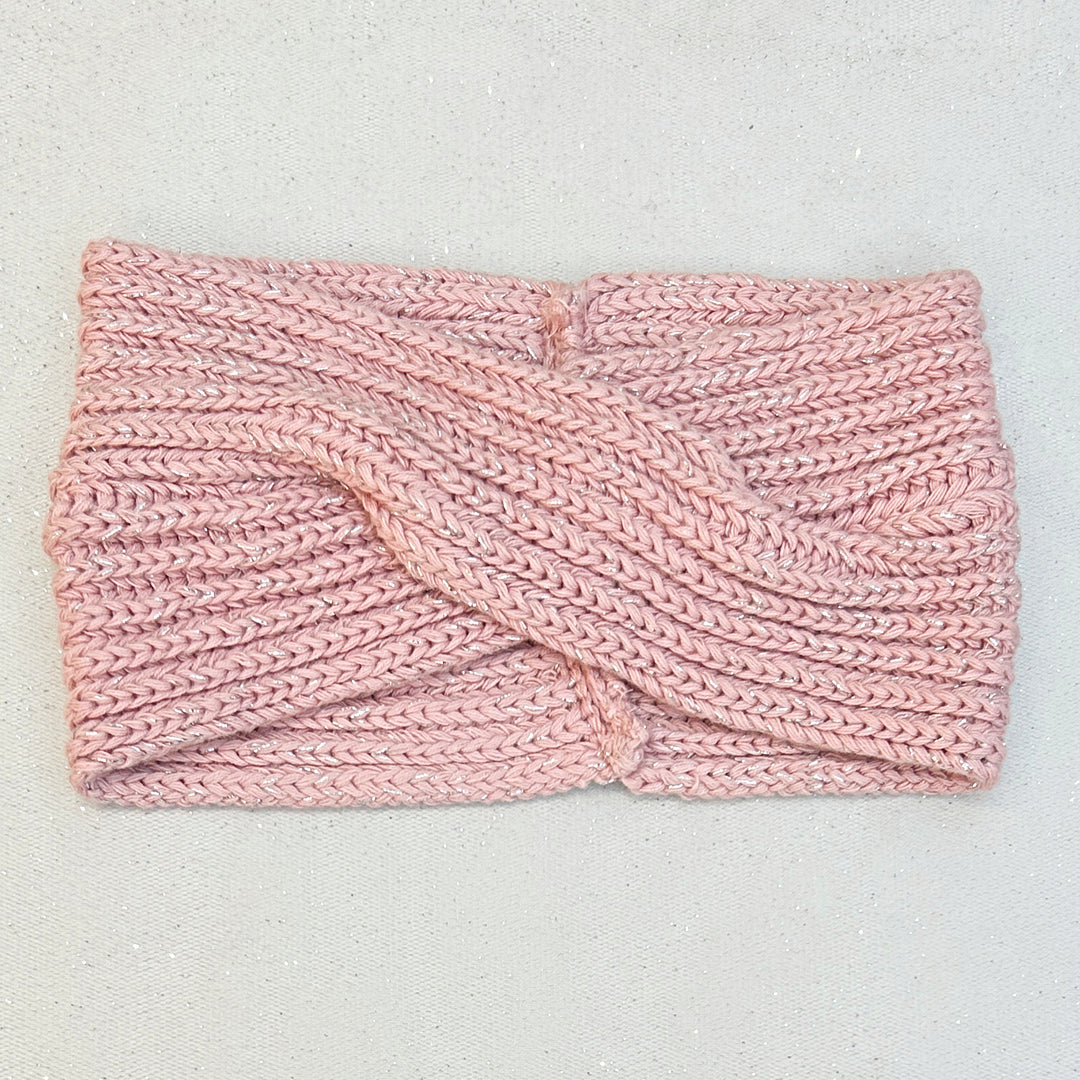 Winter Headband Pink with Brooch in Organic Cotton Lurex Ear Warmer