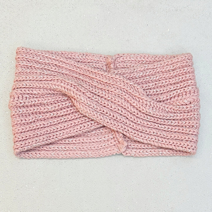 Winter Headband Pink with Brooch in Organic Cotton Lurex Ear Warmer