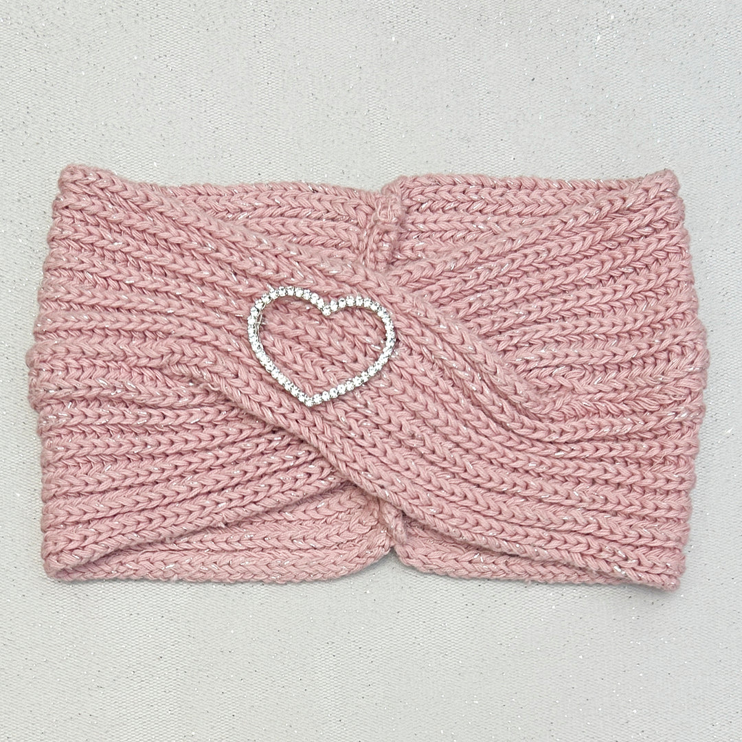 Winter Headband Pink with Heart Brooch in Organic Cotton Lurex Ear Warmer