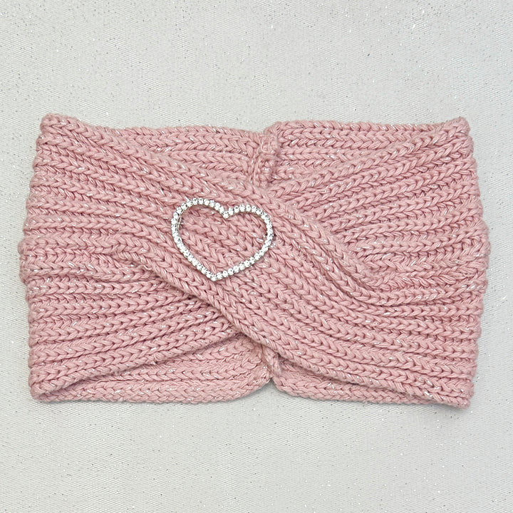 Winter Headband Pink with Heart Brooch in Organic Cotton Lurex Ear Warmer