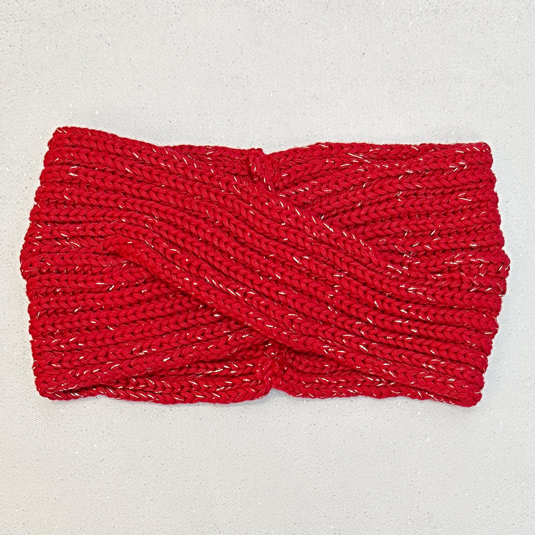 Winter Headband Red with Brooch in Organic Cotton Lurex Ear Warmer