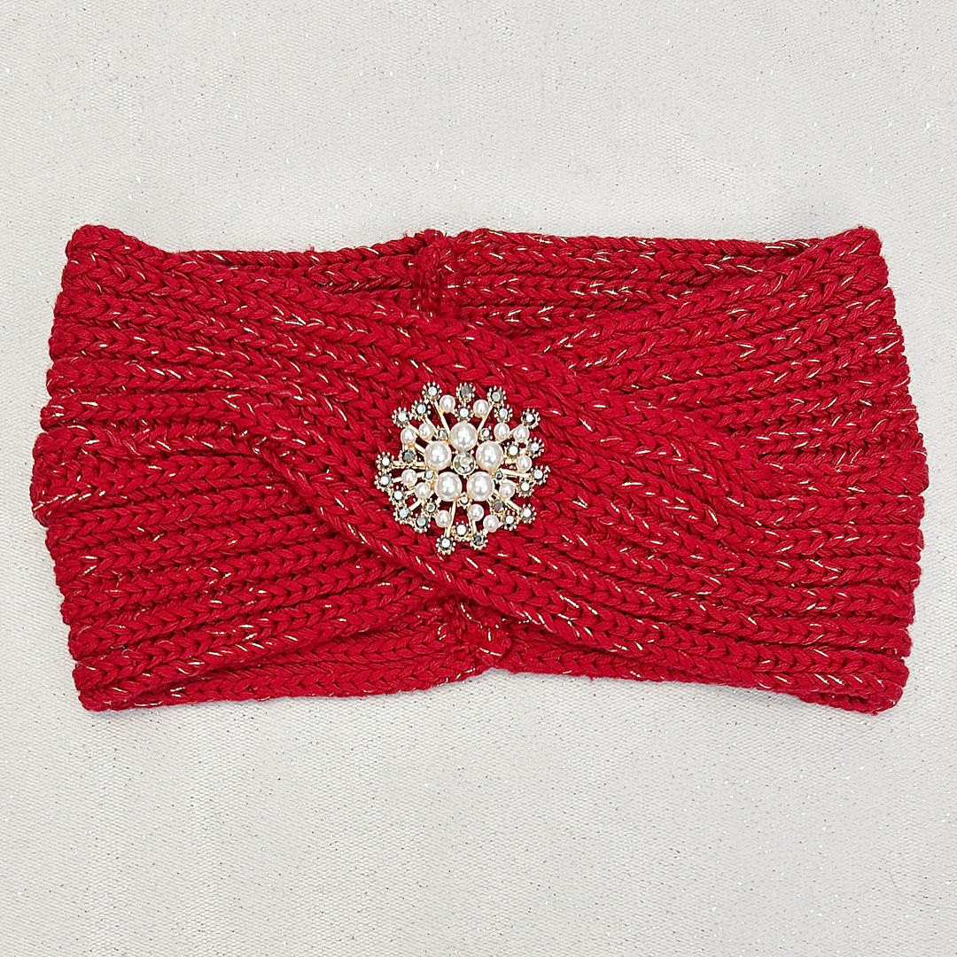 Winter Headband Red with Pearl Brooch in Organic Cotton Lurex Ear Warmer