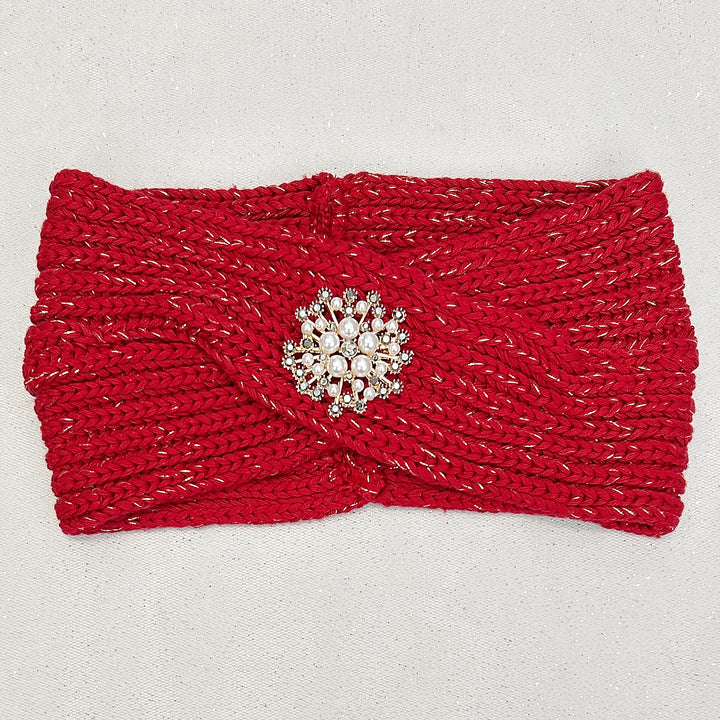 Winter Headband Red with Pearl Brooch in Organic Cotton Lurex Ear Warmer