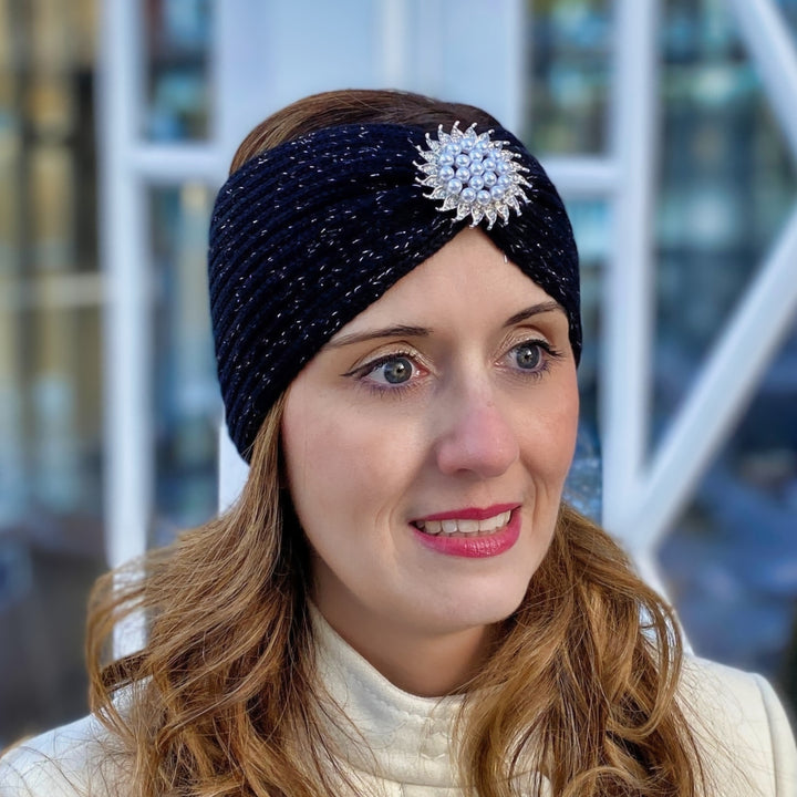 ear warmer headband winter headband black silver brooch ski headband