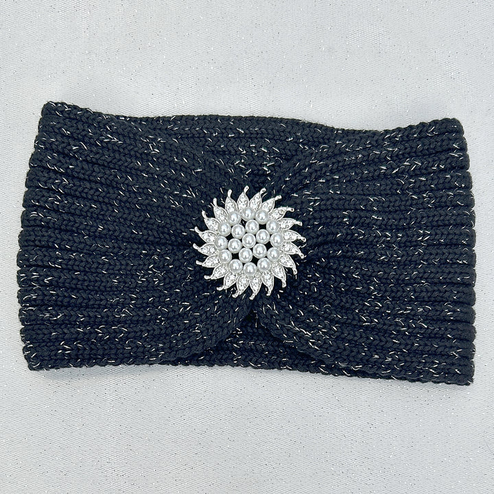 Ear Warmer Headband Winter Headband Silver Brooch Black