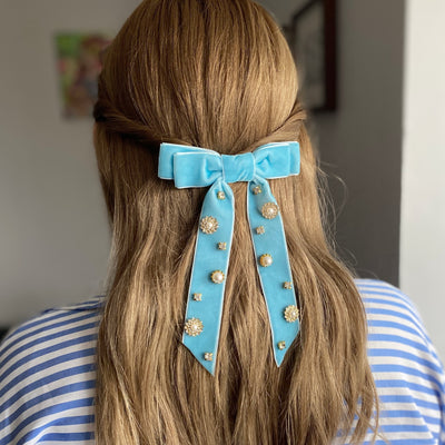 velvet bow hair clip light blue jewels