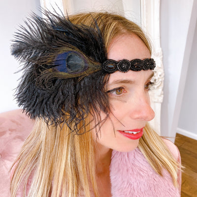 1920s headpiece in black with peacock feathers and beading hair down