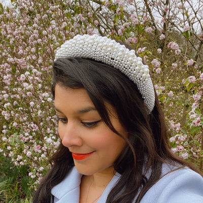 pearl padded headband worn by Bonnie Rakhit