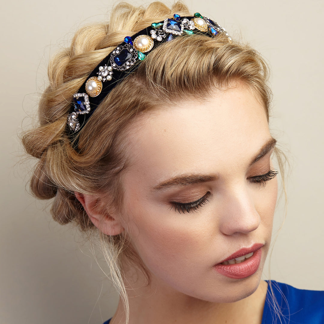 blue jewelled headband for wedding guest