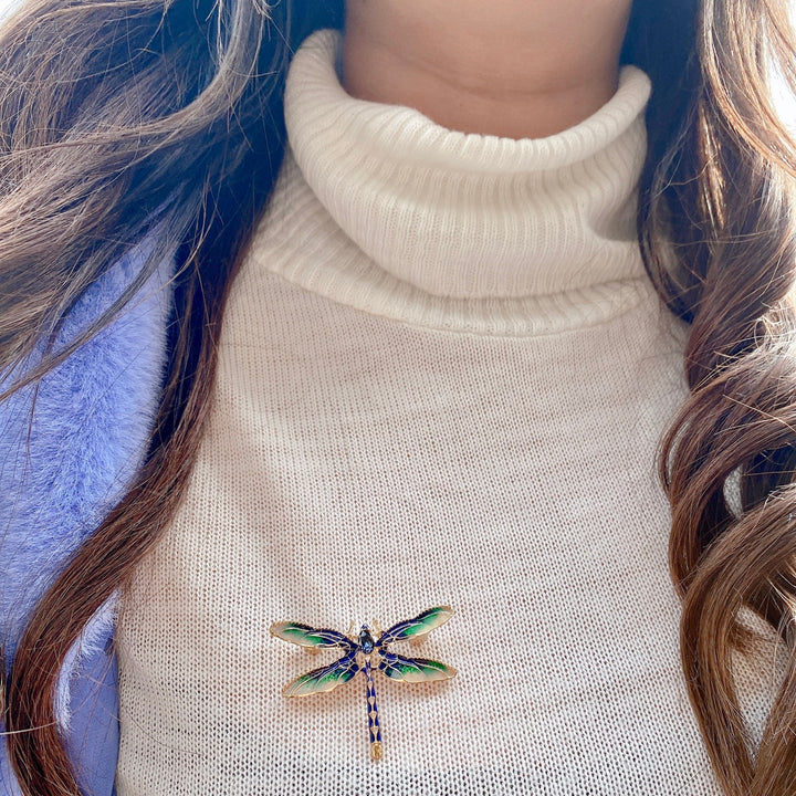 dragonfly brooch in blue enamel with crystal
