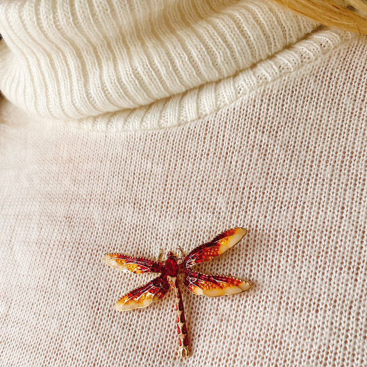 Dragonfly brooch, red enamel finish, decorative insect jewellery accessory