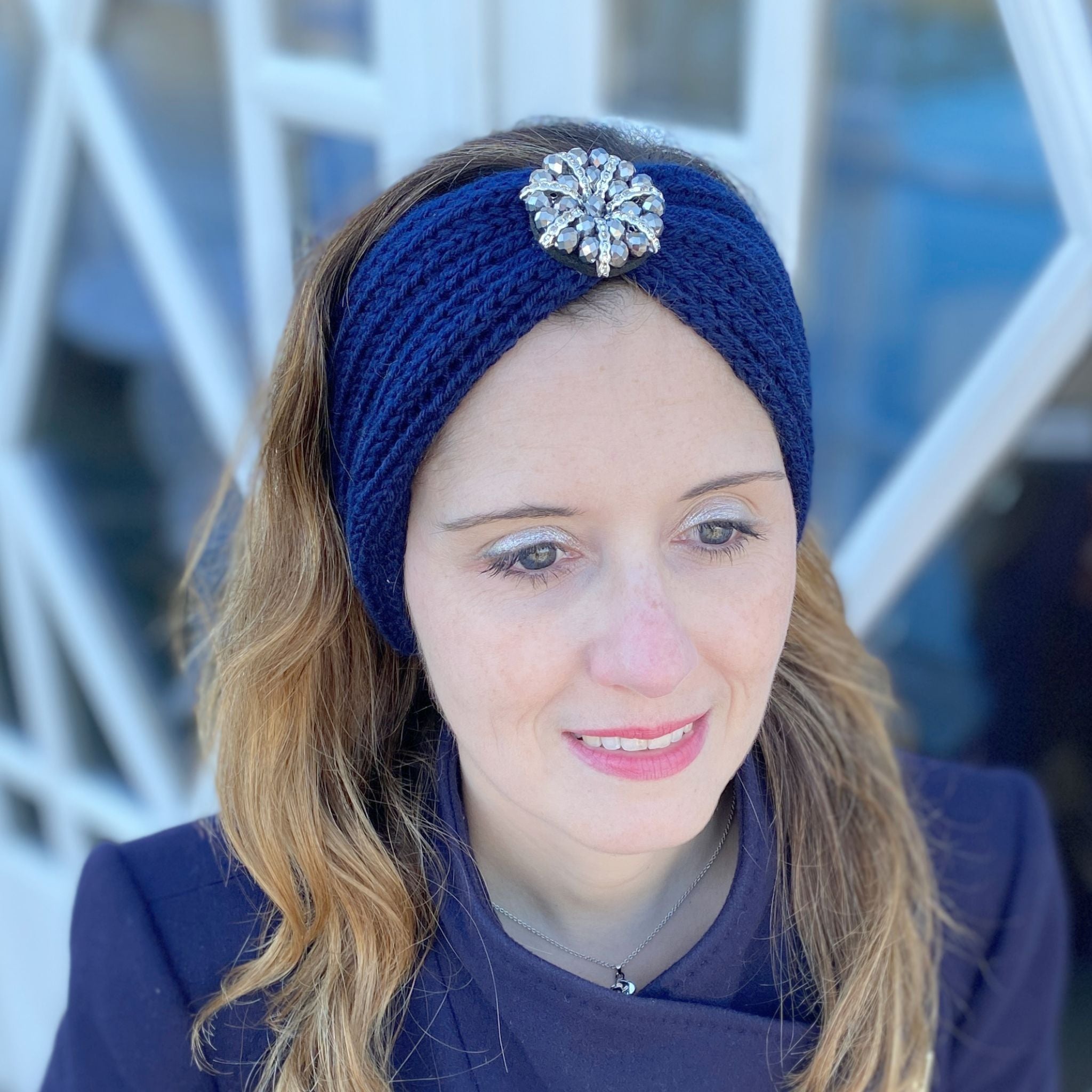 Ear Warmer Headband Winter Headband Jewelled in Navy Blue Winter