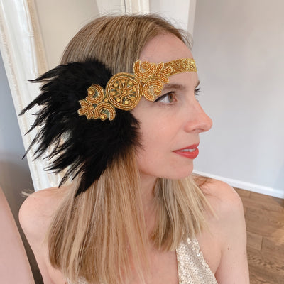 flapper headband in gold with beading and feathers hair down