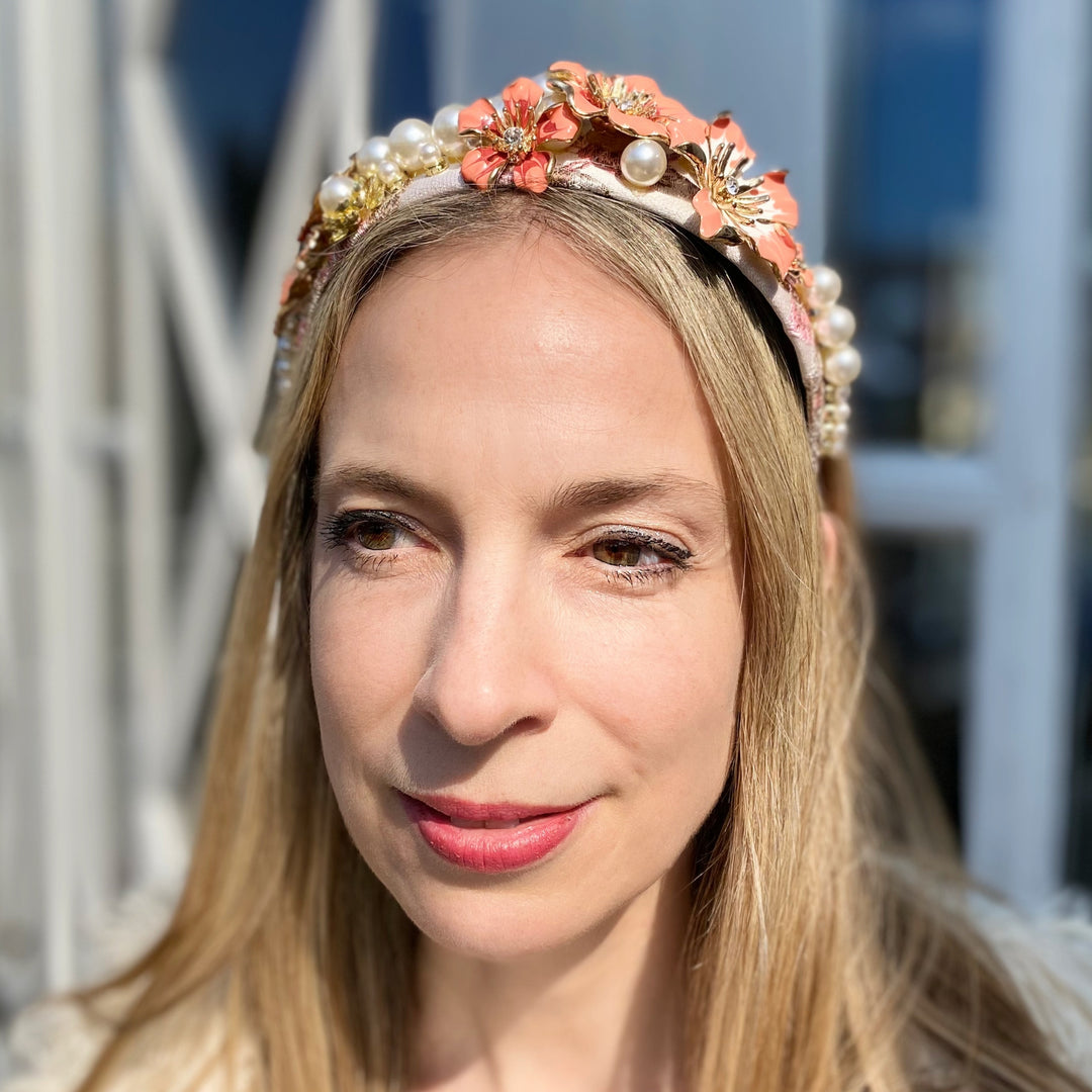 flower headband in coral with pearls for wedding guest with hair down
