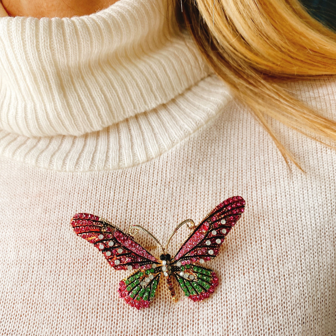 large butterfly brooch, pink crystal embellished brooch, decorative insect pin, vintage inspired butterfly accessory, elegant statement jewellery, sparkly lapel pin, feminine butterfly brooch, gift for her