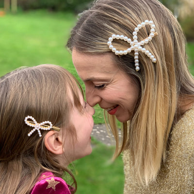 mummy and me bow hair clips in pearl with hair down