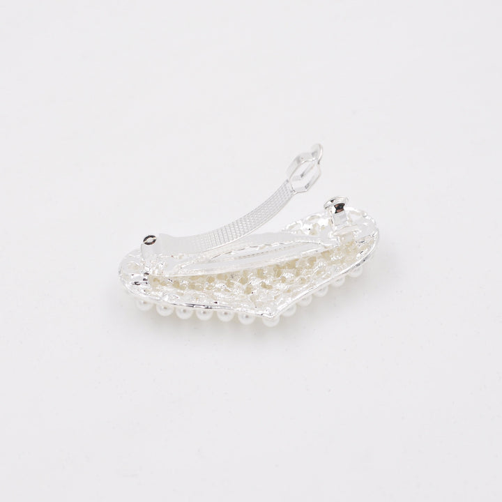 pearl heart hair clip, silver barrette, open clasp hair accessory, faux pearl hair slide, elegant hair clip, vintage inspired barrette, bridal hair accessory, decorative pearl clip