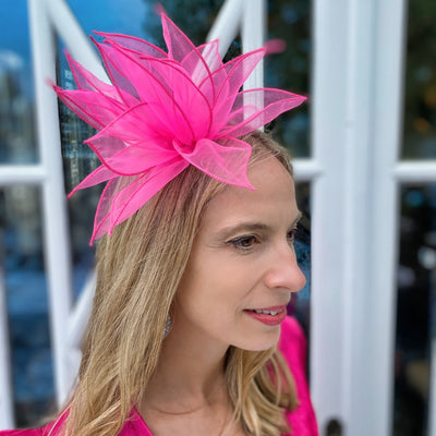 pink fascinator flower headbband for wedding guest
